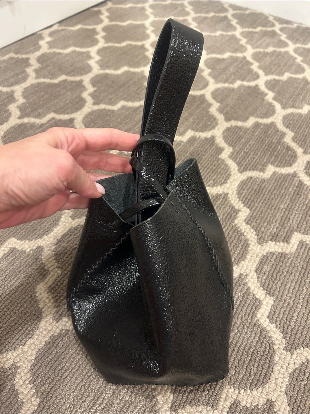 Black Leather Wristlet Tote Bag